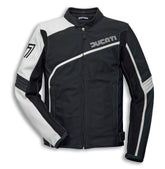 Front view of Ducati 77 men's motorbike leather biker jacket with black and white panels, diagonal chest stripe, and Ducati branding on chest and collar